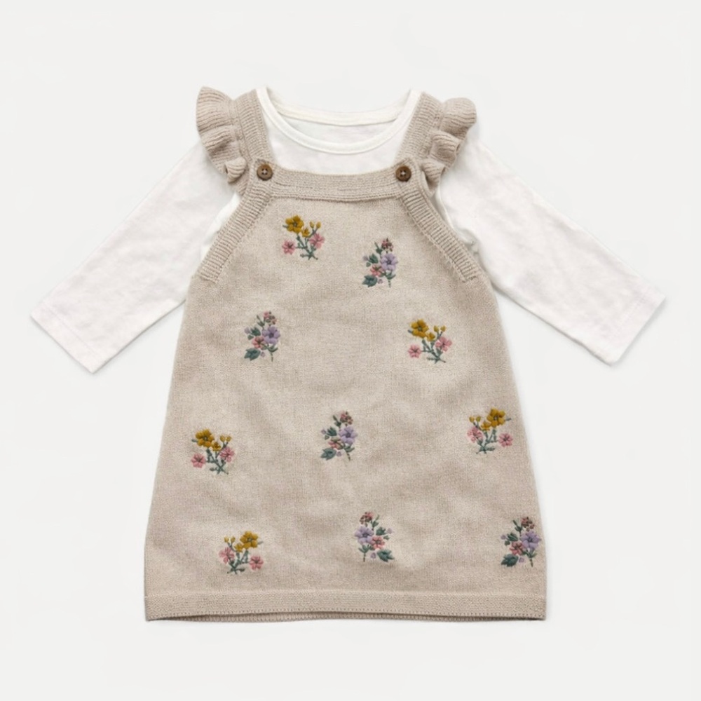 Viverano Organics Beige Floral Embroidered Knit Dress Set Baby Girl 3-6 Months